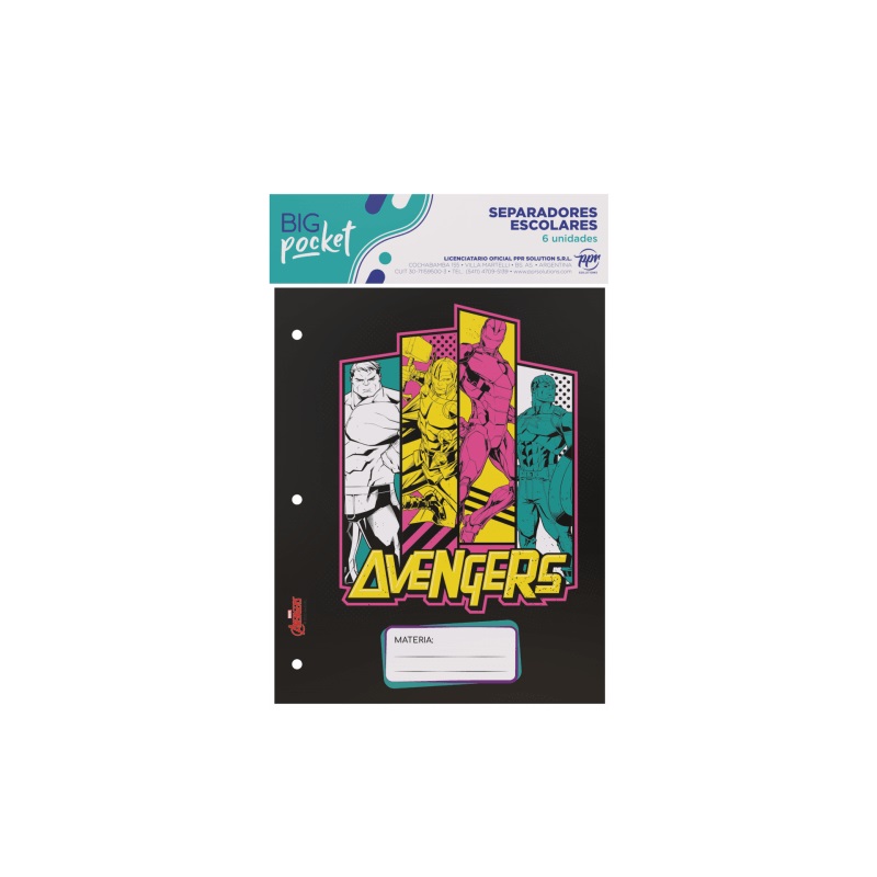 Separador De Materias Escolar X 6 Hjs Ppr Avengers