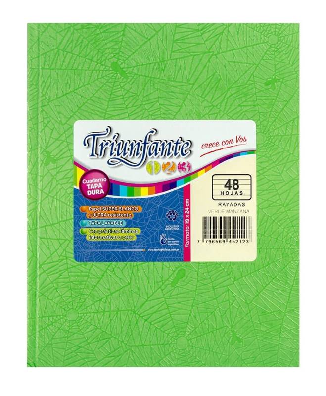 Cuaderno Triunfante 123 Forrado 19X23 T/D 48 Hjs Rayado Verde Mza