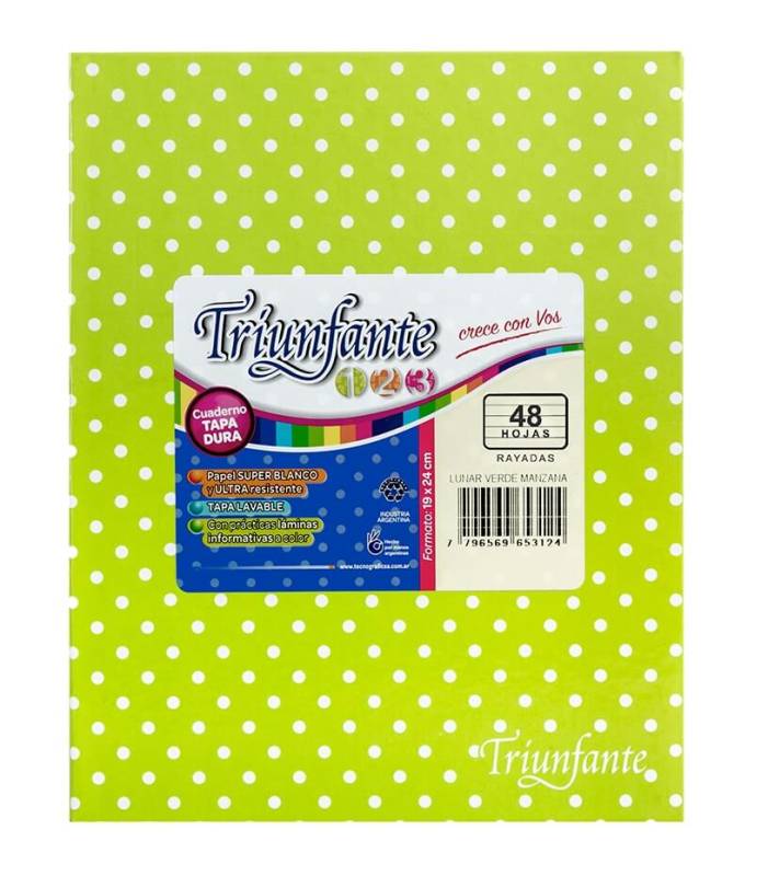 Cuaderno Triunfante 123 Lunares 19X23 T/D 48 Hjs Rayado Verde Mza