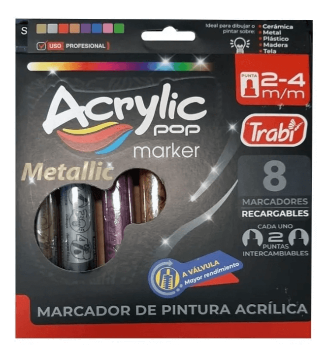 Marcador Trabi Acrylic Pop Metallic X 8 Colores