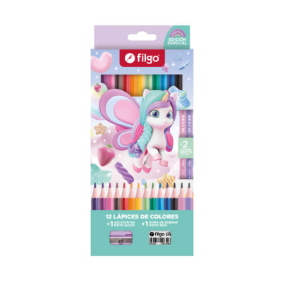 Lapices De Colores Filgo X 12 Largos Unicornio + Sacap Y Goma