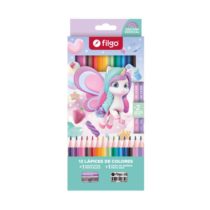 Lapices De Colores Filgo X 12 Largos Unicornio + Sacap Y Goma