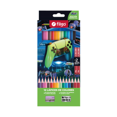 Lapices De Colores Filgo X 12 Largos Gamer + Sacap Y Goma