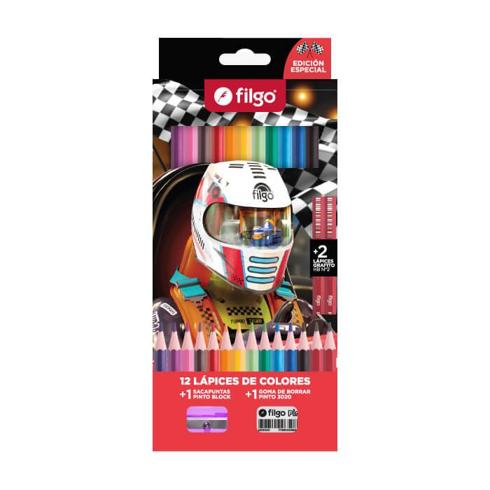 Lapices De Colores Filgo X 12 Largos Racer + Sacap Y Goma