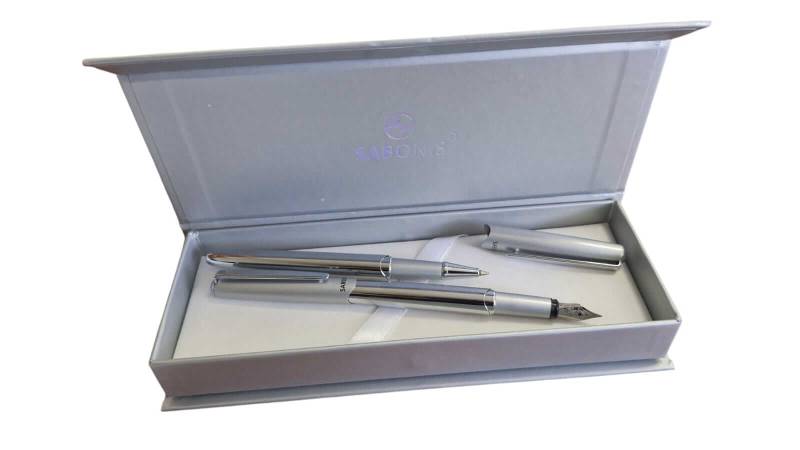 Lapicera Pluma Sabonis + Roller 612-11 Profesional Plata En Estuche
