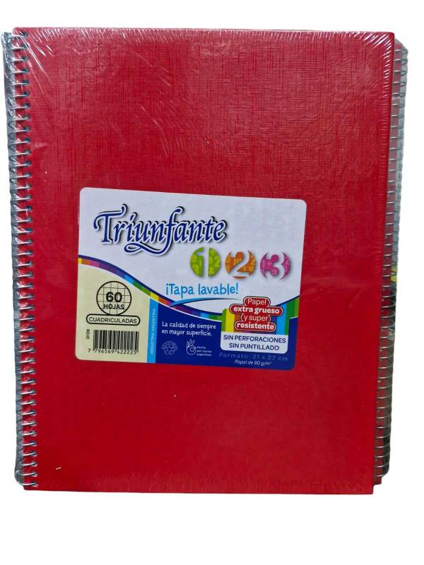 Cuaderno Triunfante Forrado 21X27 C/Esp 60 Hjs Cuadriculado Rojo