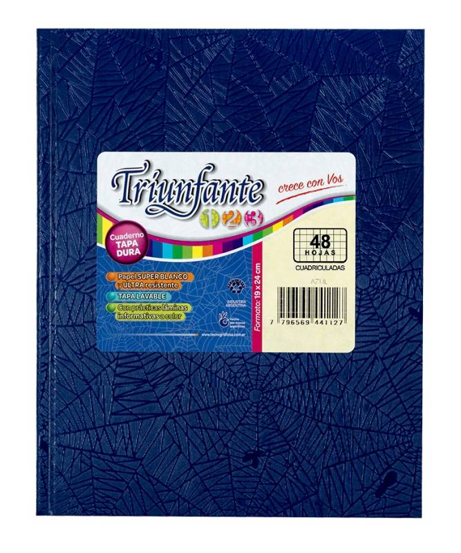 Cuaderno Triunfante 123 Forrado 19X23 T/D 48 Hjs Cuadriculado Azul
