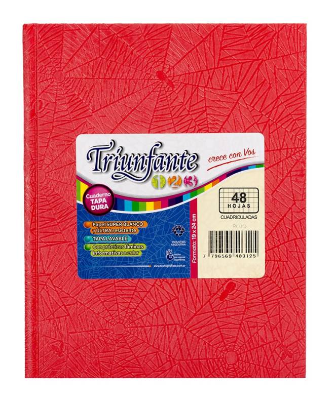 Cuaderno Triunfante 123 Forrado 19X23 T/D 48 Hjs Cuadriculado Rojo