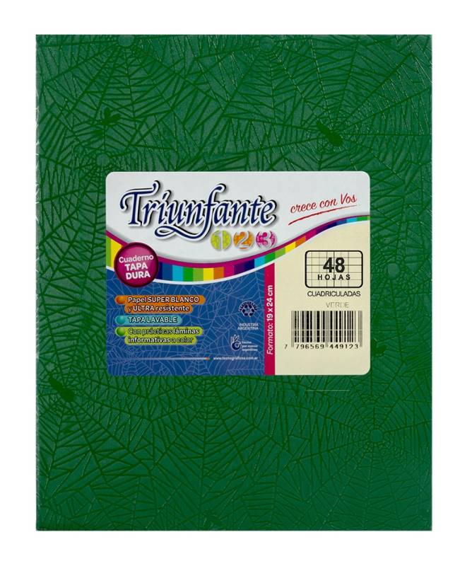 Cuaderno Triunfante 123 Forrado 19X23 T/D 48 Hjs Cuadriculado Verde