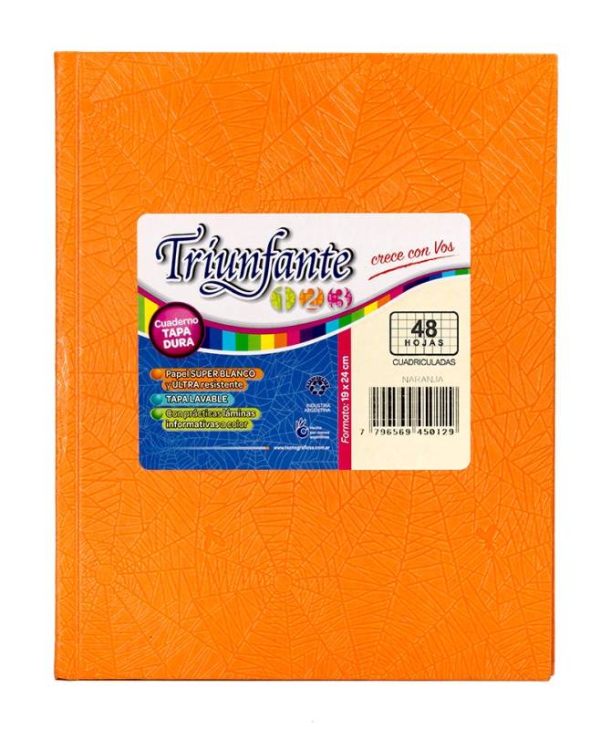Cuaderno Triunfante 123 Forrado 19X23 T/D 48 Hjs Cuadriculado Naranja