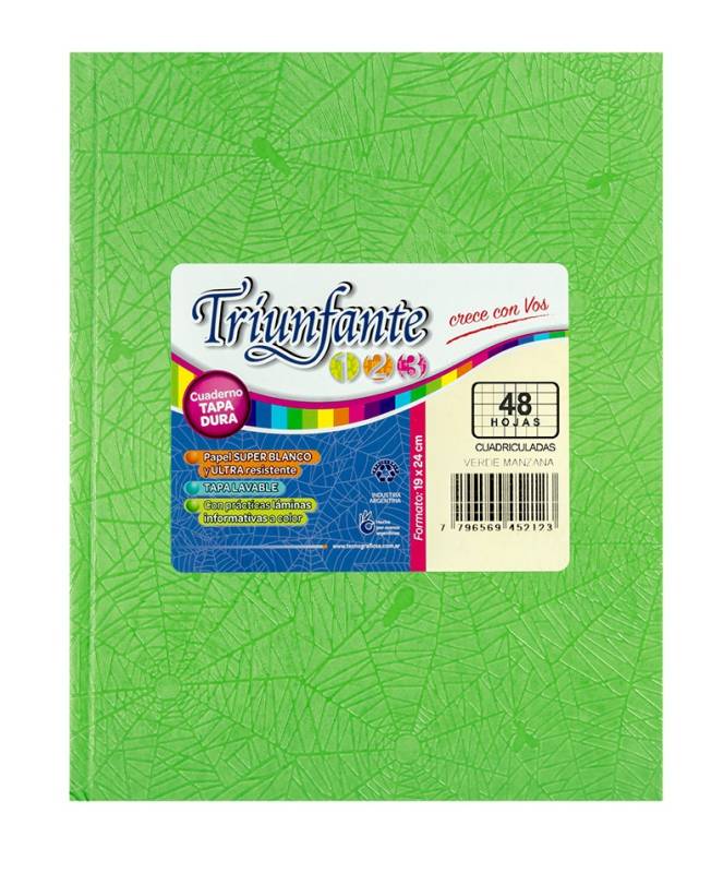 Cuaderno Triunfante 123 Forrado 19X23 T/D 48 Hjs Cuadriculado Verde Mza