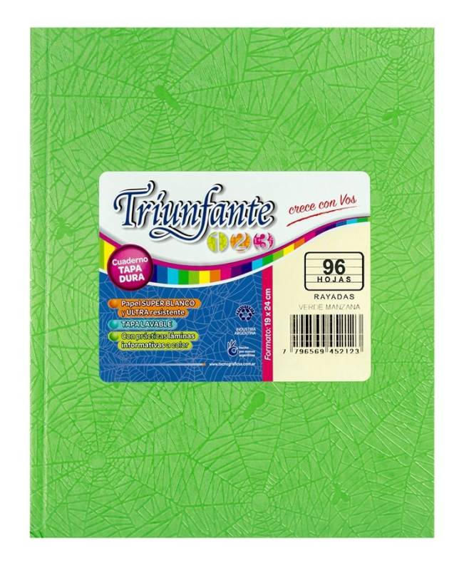 Cuaderno Triunfante 123 Forrado 19X23 T/D 96 Hjs Rayado Verde Mza