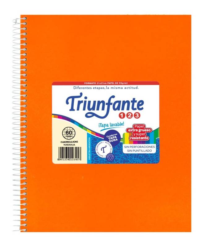 Cuaderno Triunfante Forrado 21X27 C/Esp 60 Hjs Cuadriculado Naranja